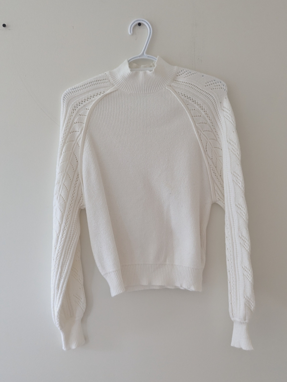 Belldini Cream Openwork Sleeve Mock Neck Sweater